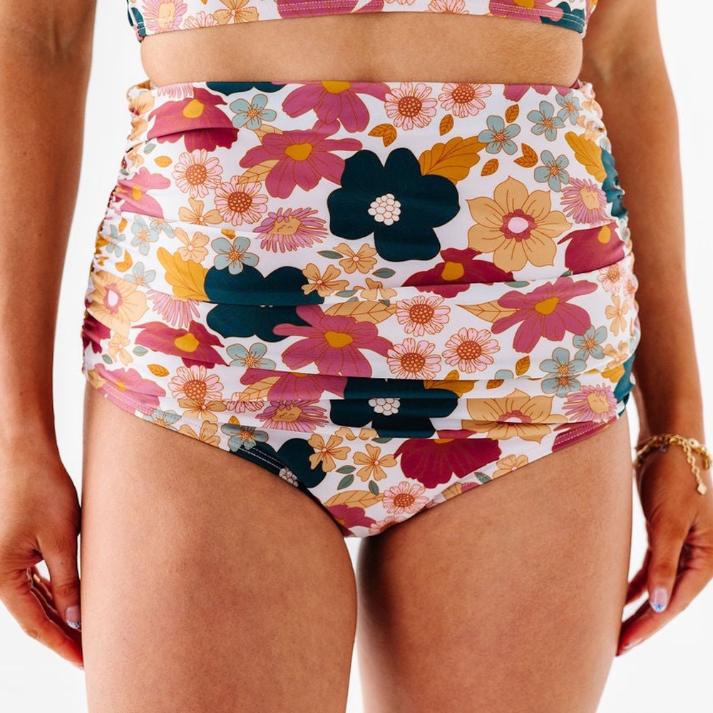 Livy & Kate Womens 3X High Waisted Ruched Swim Bottoms Kailani Floral Pink Green